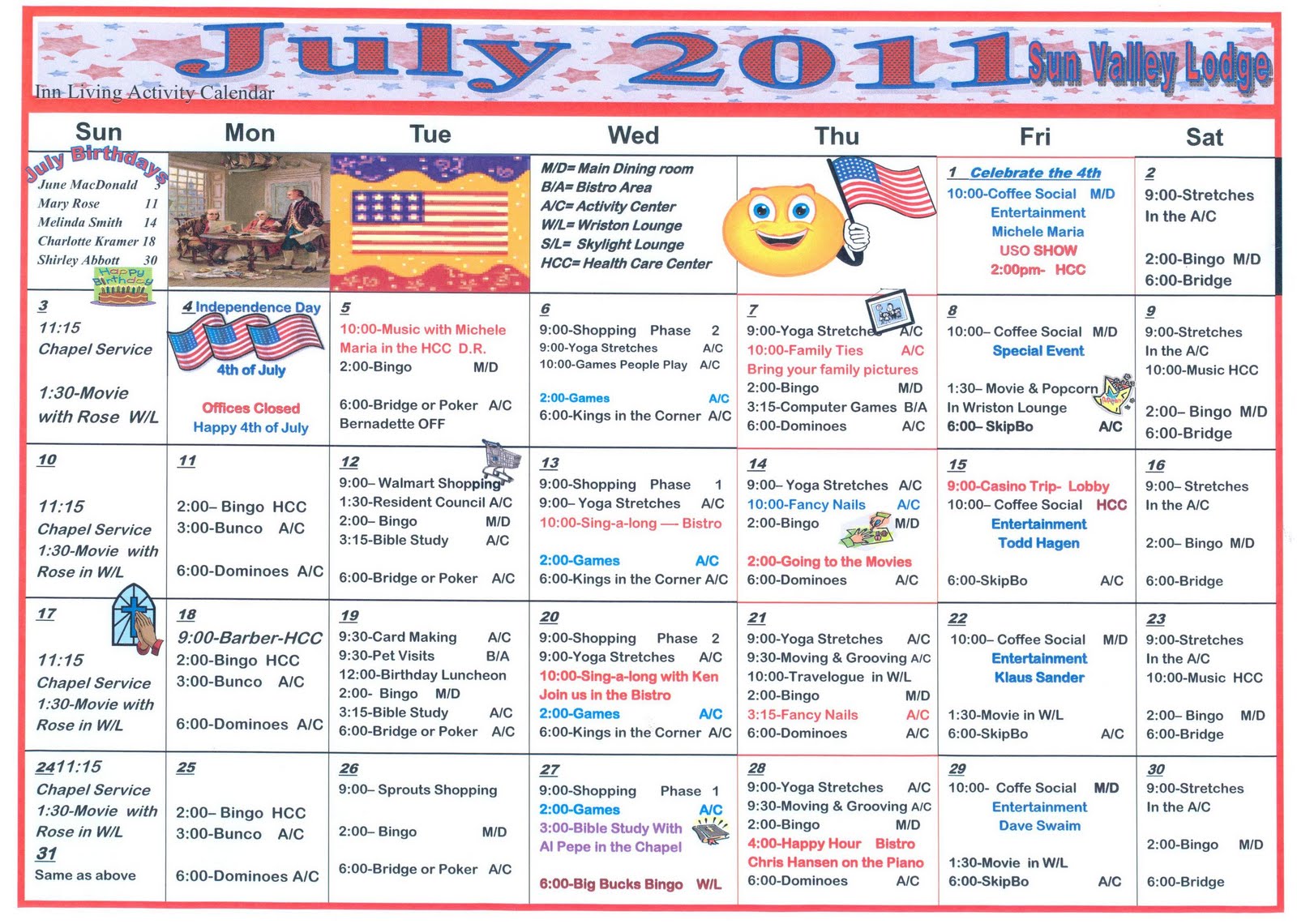 July Assisted Living Activities to Sun Valley Lodge
