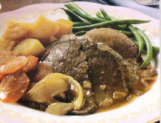 Picture of Slow-Cooker Pot Roast and potatoes, carrots and green beans on a white plate