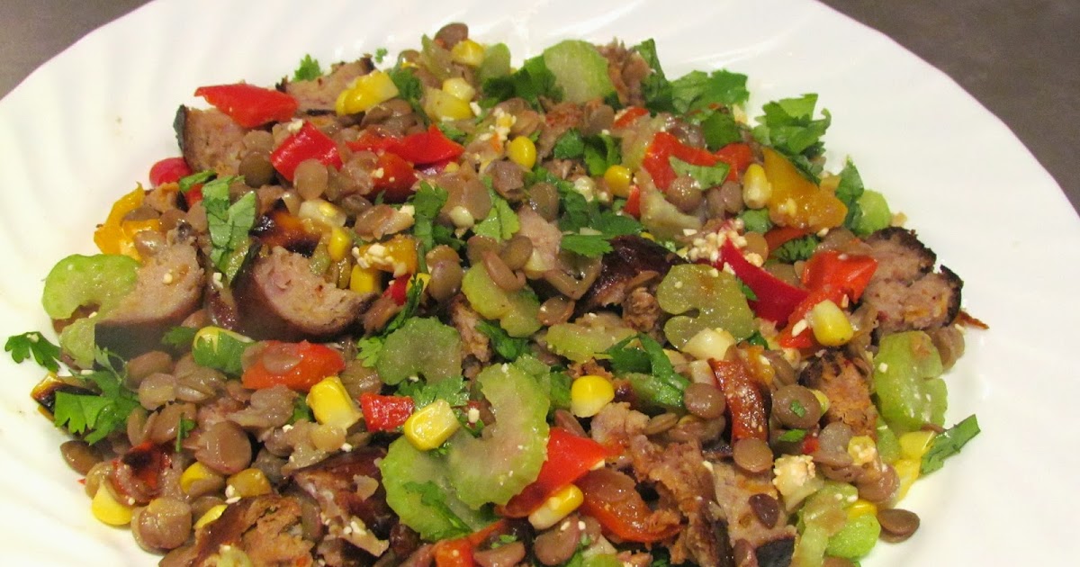 a second glance. Lentilsausage salad with vegetables, feta and cilantro