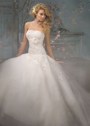 Above Diamond White tulle bridal ball gown with a dropped waist