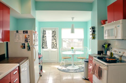 Light Blue and Red Kitchen