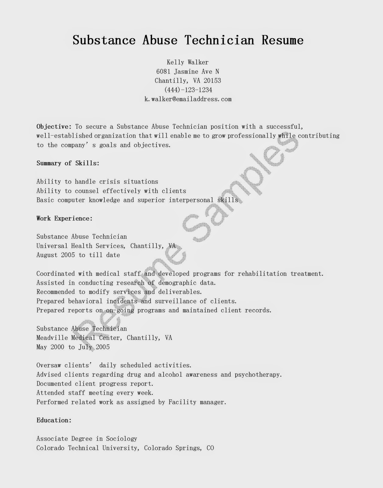 resume samples substance abuse technician resume sample
