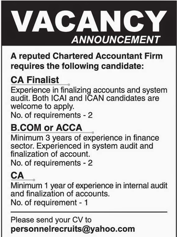 Vacancy announcement from a reputed Chartered