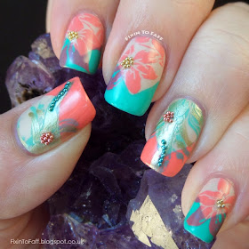 Stamped floral coral turquoise nude microbeaded V-tip nail art