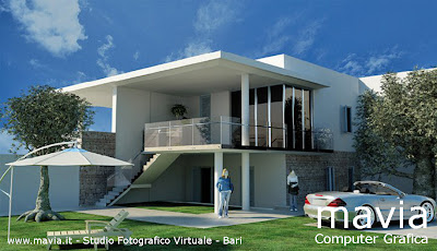Bari Esterni Rendering 3d fotorealistici - modello 3d villa moderna con giardino arredato,alberi e auto