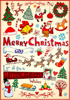 クリスマスを表現したイラスト素材 CHRISTMAS TREES, CHRISTMAS WREATHS, CANDLES, BELLS