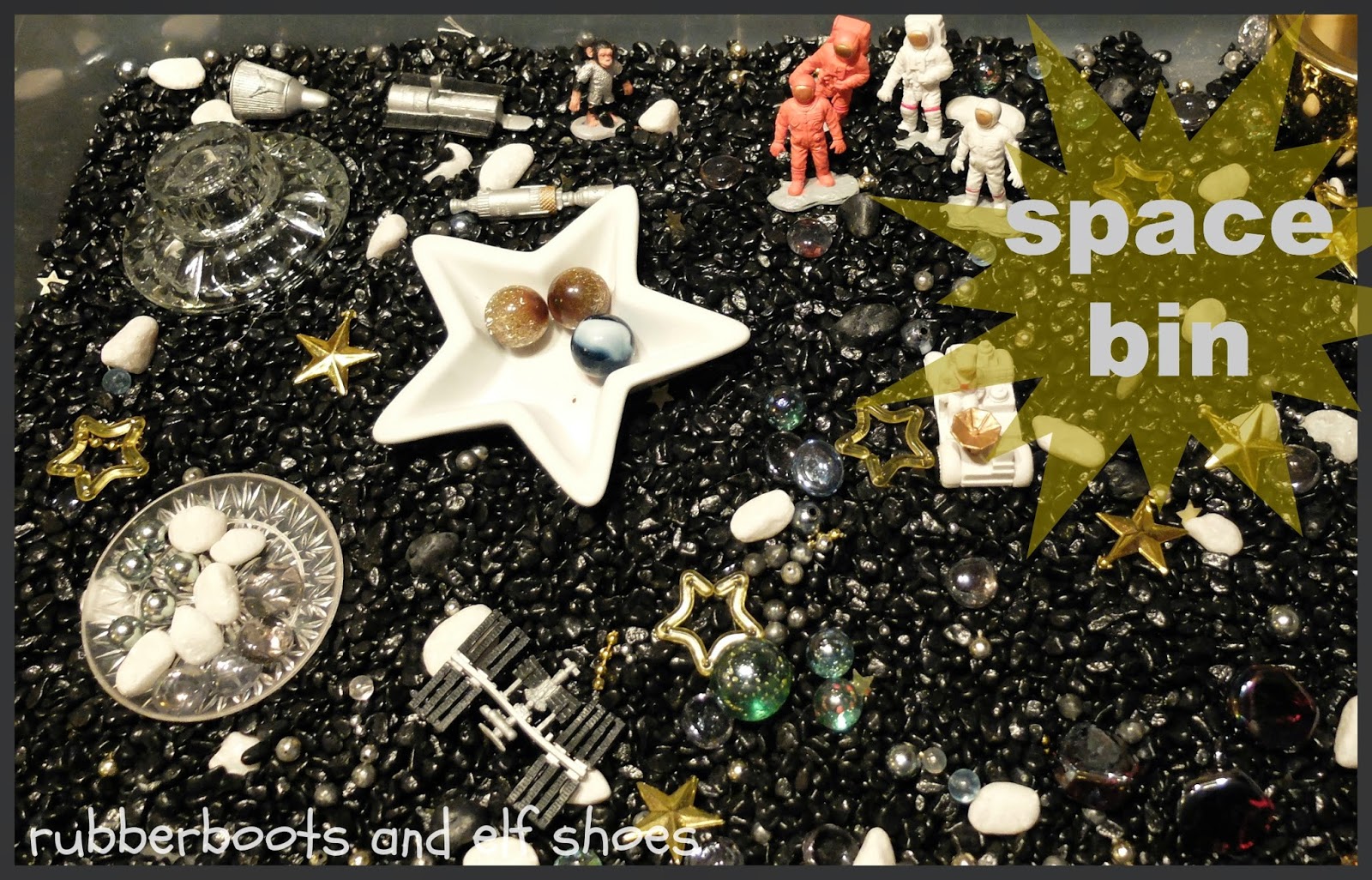 sensory bin filler aquarium gravel rubber boots and elf shoes