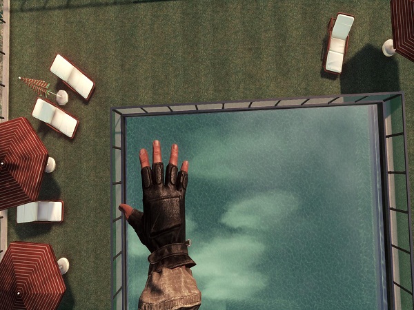 Falling down towards the swimming pool