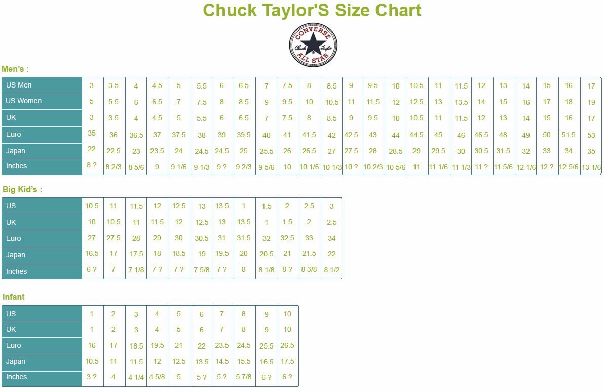 Chucks Size Chart
