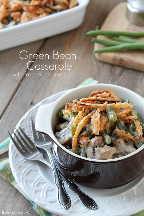 The BEST Green Bean Casserole with fresh green beans, mushrooms, and delicious homemade crispy onion strings! You'll love this perfect Thanksgiving side dish!