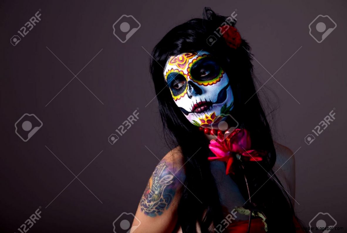 Sugar Skull Girl With Red Rose Professional Body art Stock Photo Sugar Skull Girl With Red Rose Professional Body art Stock Photo