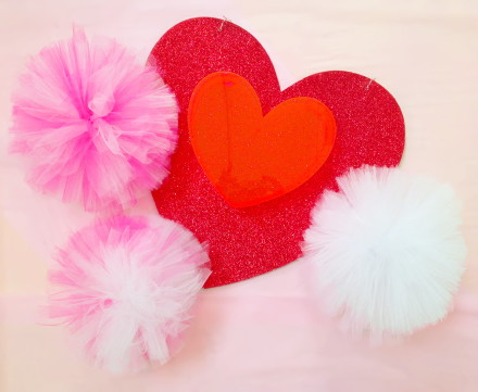 pink tulle, pink pom poms, ribbon, silk, tulle, sparkles, valentines day