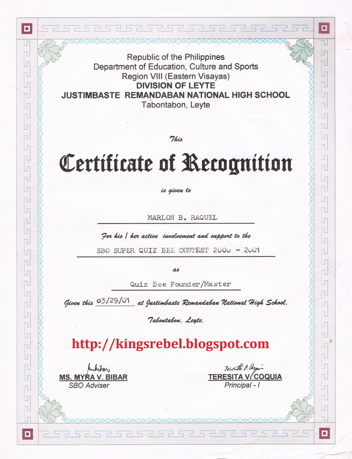 Tidbits and Bytes Certificate of Recognition Science Quiz Bee Founder