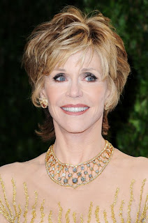 Jane Fonda short layered blonde hairstyle with highlights at the 2012 Vanity Fair Oscar Party