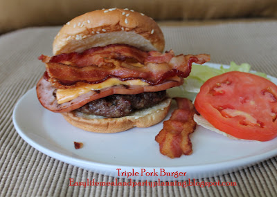 Easy Life Meal & Party Planning - Grilled Triple Decker Pork Burger - You can't beat a grilled ham slice topped with  pork burger, capped with bacon and a splash of BBQ Sauce = One Tasty Sandwich!