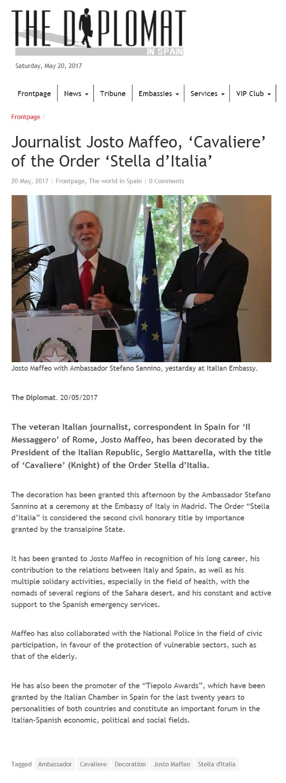 Journalist Josto Maffeo, "Cavaliere" of the Order "Stella d'Italia"