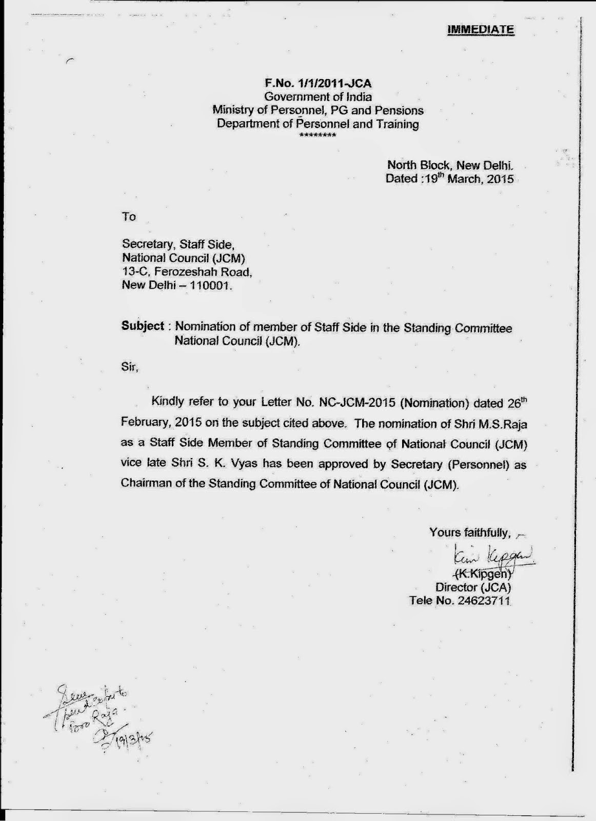 M.S.Raja nominated as staff side member in the standing committee NC JCM