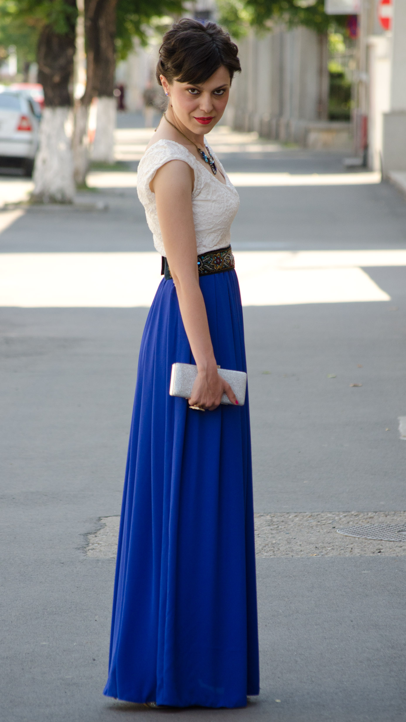 maxi dress cobalt blue white lace statement necklace blue topper hat wedding attire handmade waistband