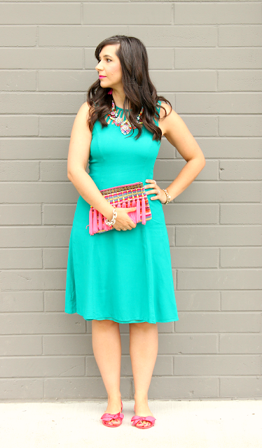 Turquoise Sheath Dress_Tassel Clutch_Pink Bow Shoes