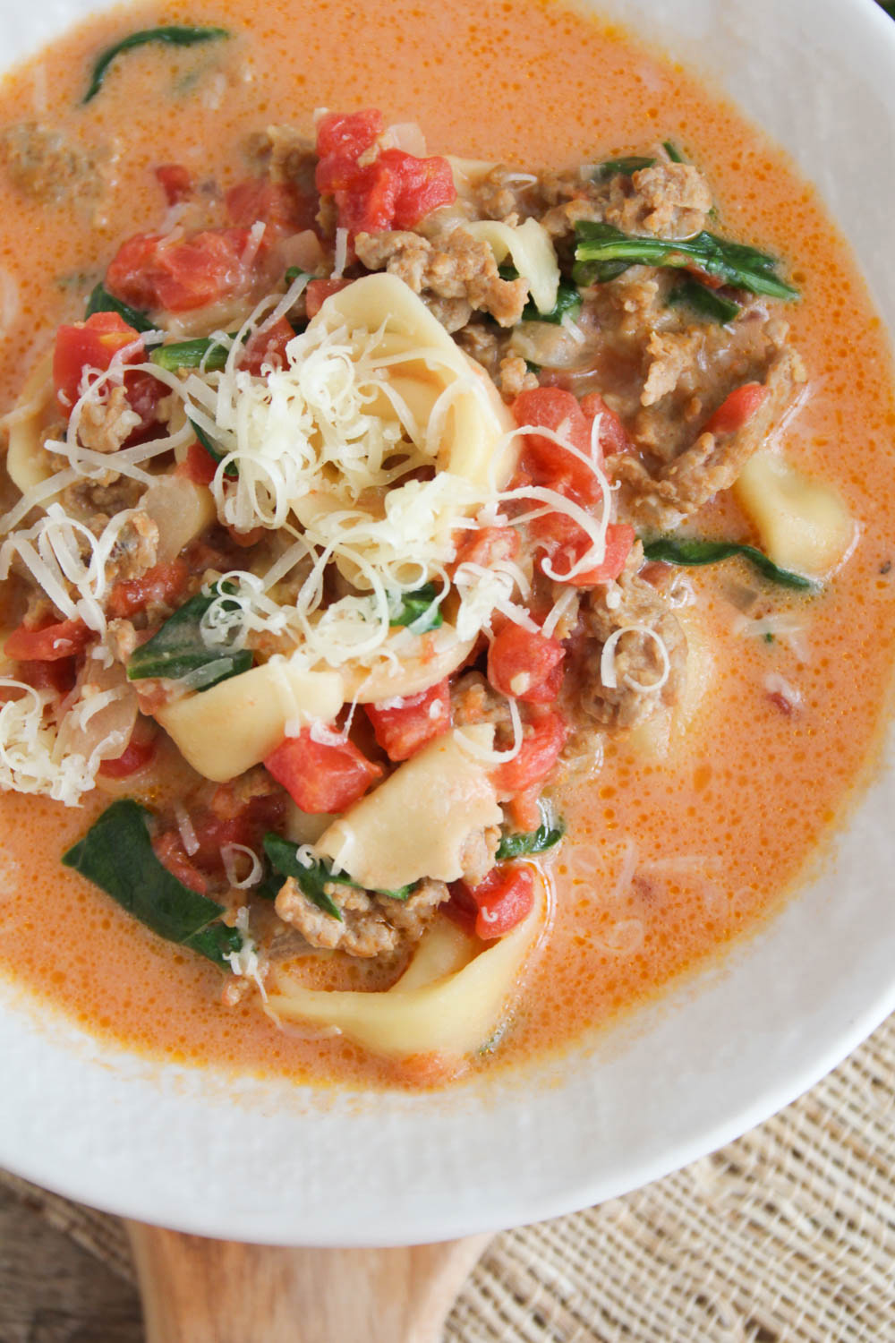 This savory and delicious sausage and tortellini soup is the perfect hearty meal for a cold night!