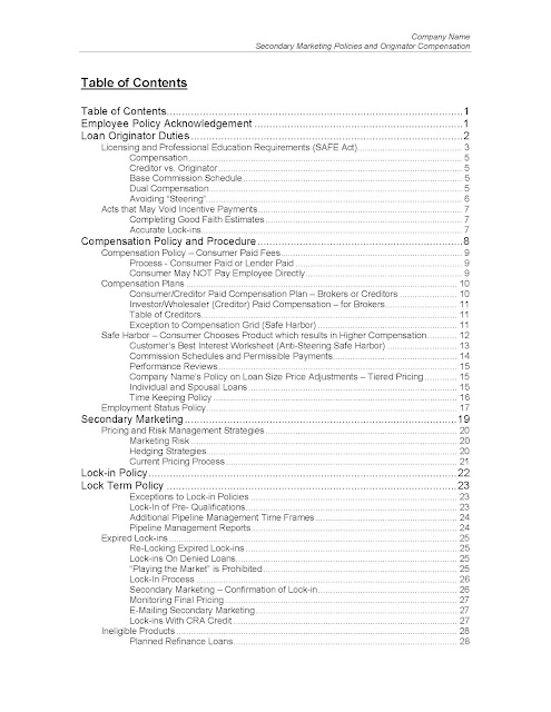 Secondary Marketing Policy and Procedure Manual table of contents