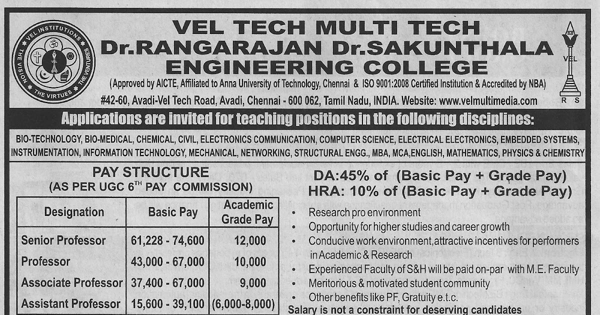 EMPLOYMENT NEWS VEL TECH MULTI TECH ENGINEERING COLLEGE PROFESSORS