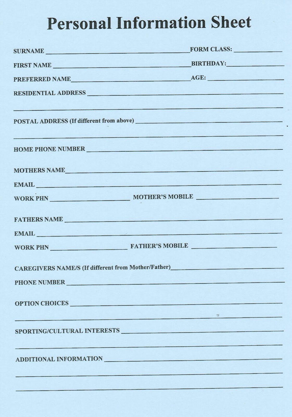 Personal Information Sheet
