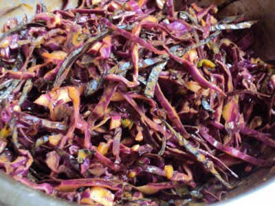 red cabbage salad in a mustard dressing