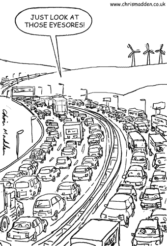 Chris Madden cartoon: wind turbines and traffic as eyesores