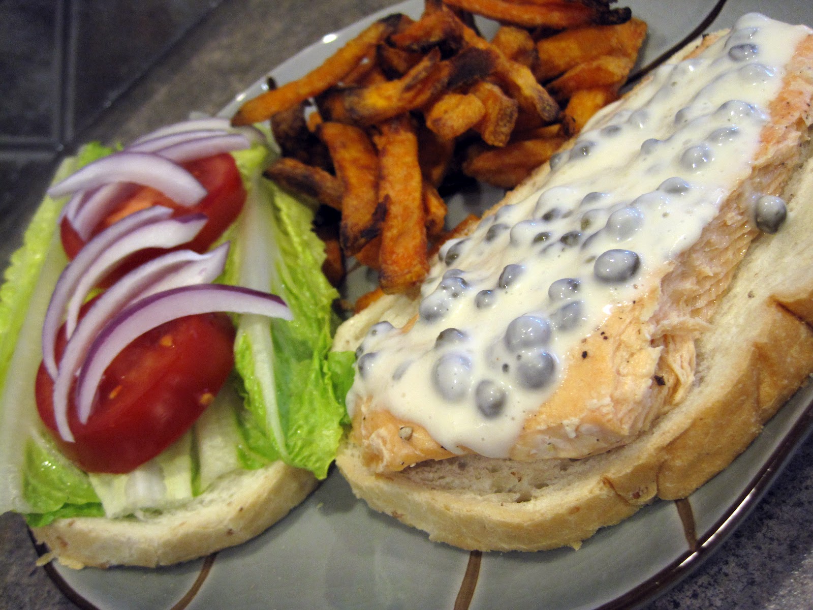 a pinch of salt Garlic & Caper Aioli Poached Salmon Sandwich
