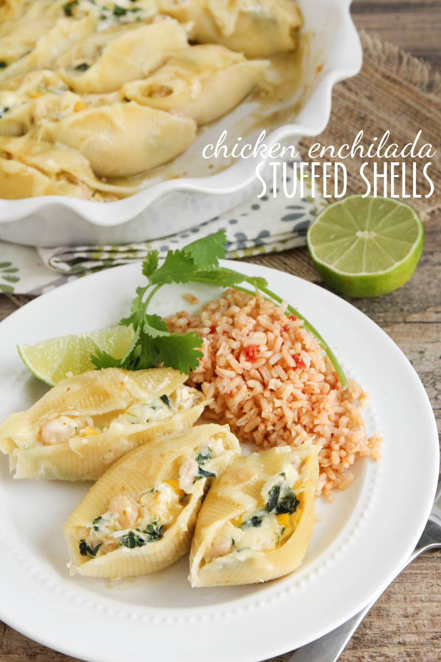 These chicken enchilada stuffed shells are a delicious new twist on an old favorite! So savory and delicious!