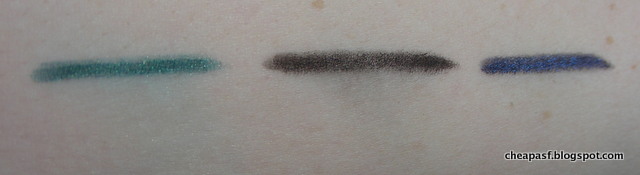 Smudge test (two swipes, moderate pressure, 15 minutes after application). Left to right: ULTA Peacock, Urban Decay Zero, Tarina Tarantino Cute Robot.