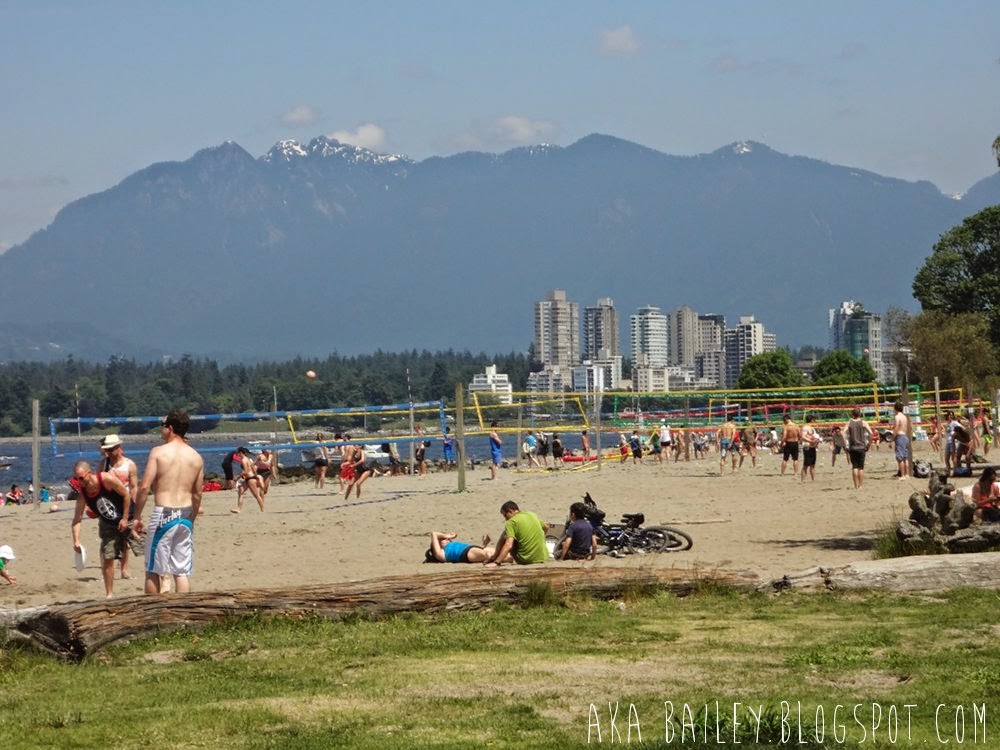 Kitsilano Beach on a late Spring day, volleyball players and mountains