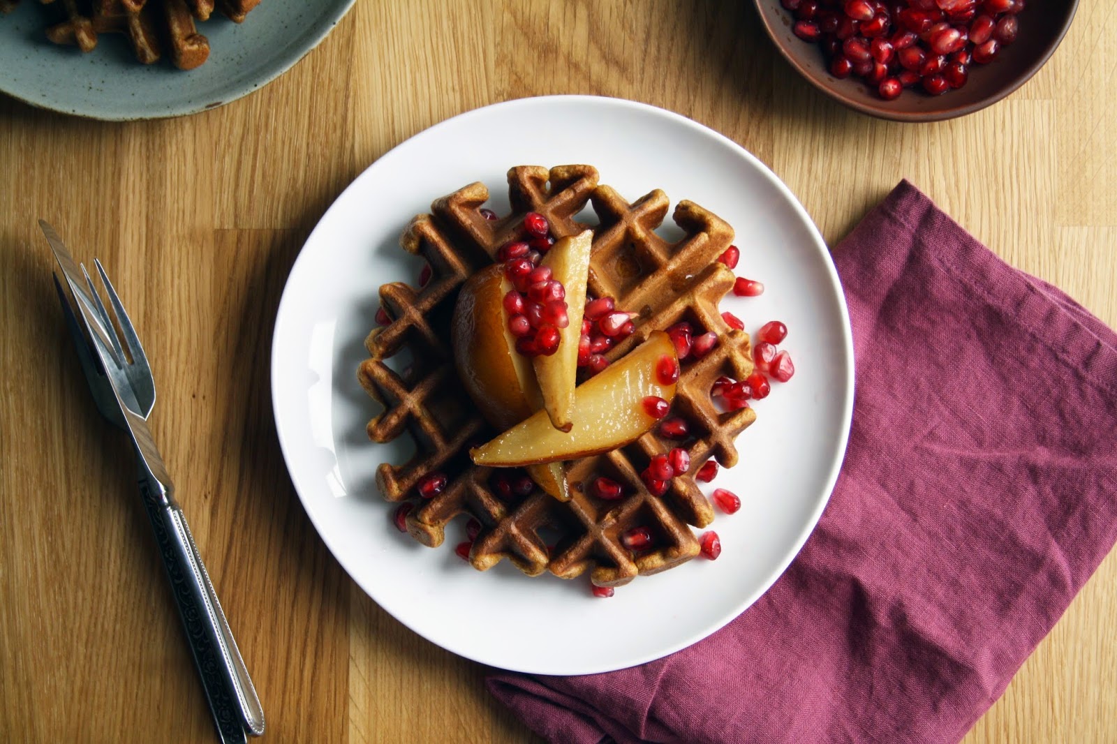 Sevengrams GINGER MOLASSES WAFFLES WITH ROASTED PEARS AND POMEGRANATE