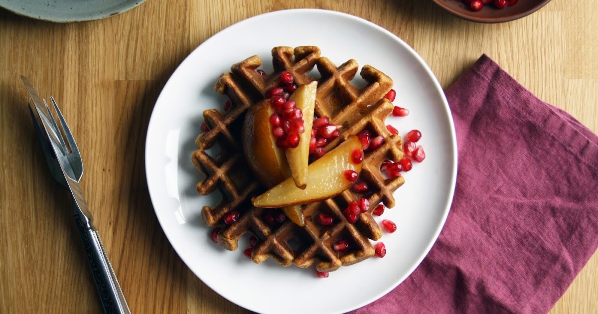 Sevengrams GINGER MOLASSES WAFFLES WITH ROASTED PEARS AND POMEGRANATE