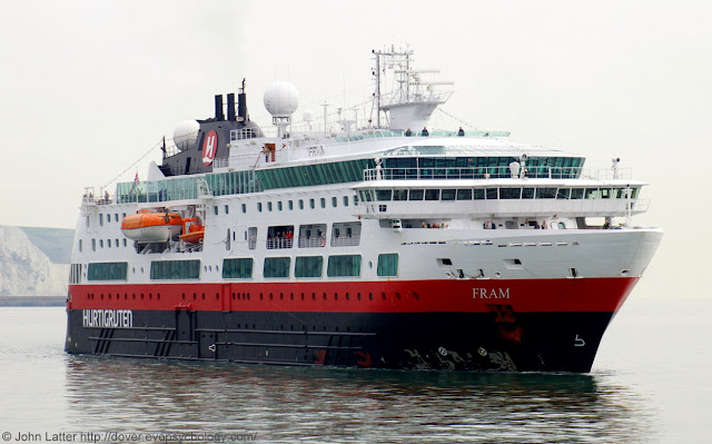 MS Fram operated by the Norway-based Hurtigruten Group. Call Sign: LADA7, IMO: 9370018, MMSI: 258932000. Tonnage: 12700 GT, Length: 114 m (374 ft 0 in), Beam: 20.2 m (66 ft 3 in)