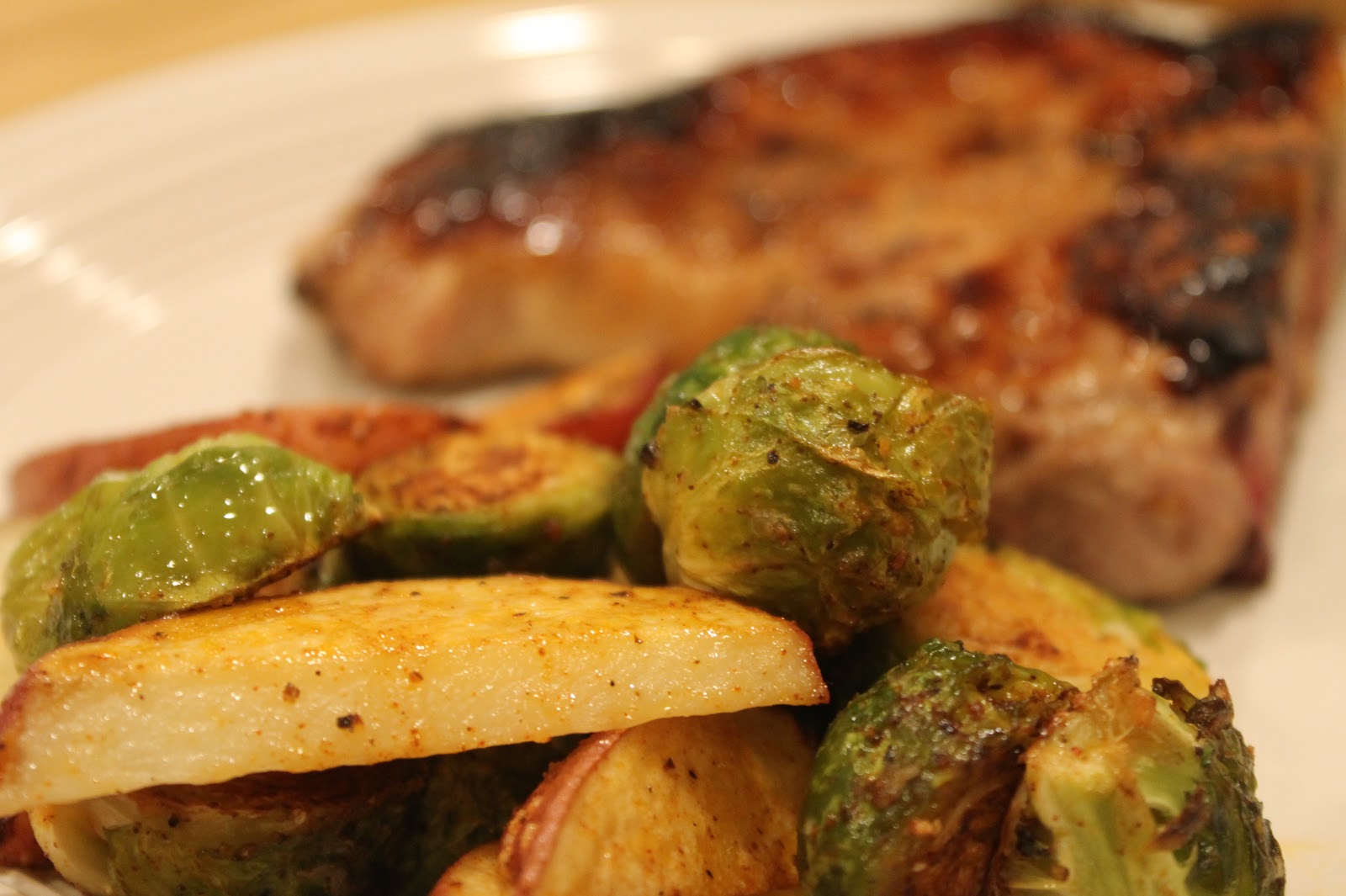 ty's kitchen Pork Chops, Brussel Sprouts, and Potatoes Redux