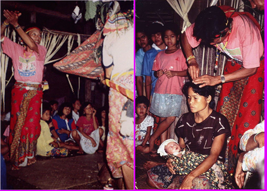 in Borneo island, people dance throughout the night, and a shaman removes a soul from her head or puts in it.　
