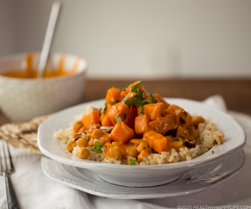 Spicy-Sweet Peanut Sweet Potatoes, Chickpea, Brown Rice Bowl