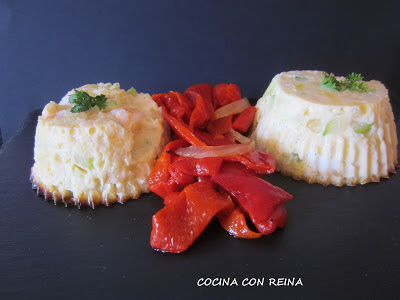Flan De Verduras Y Gambas Sobre Lecho De Pimientos Asados.
