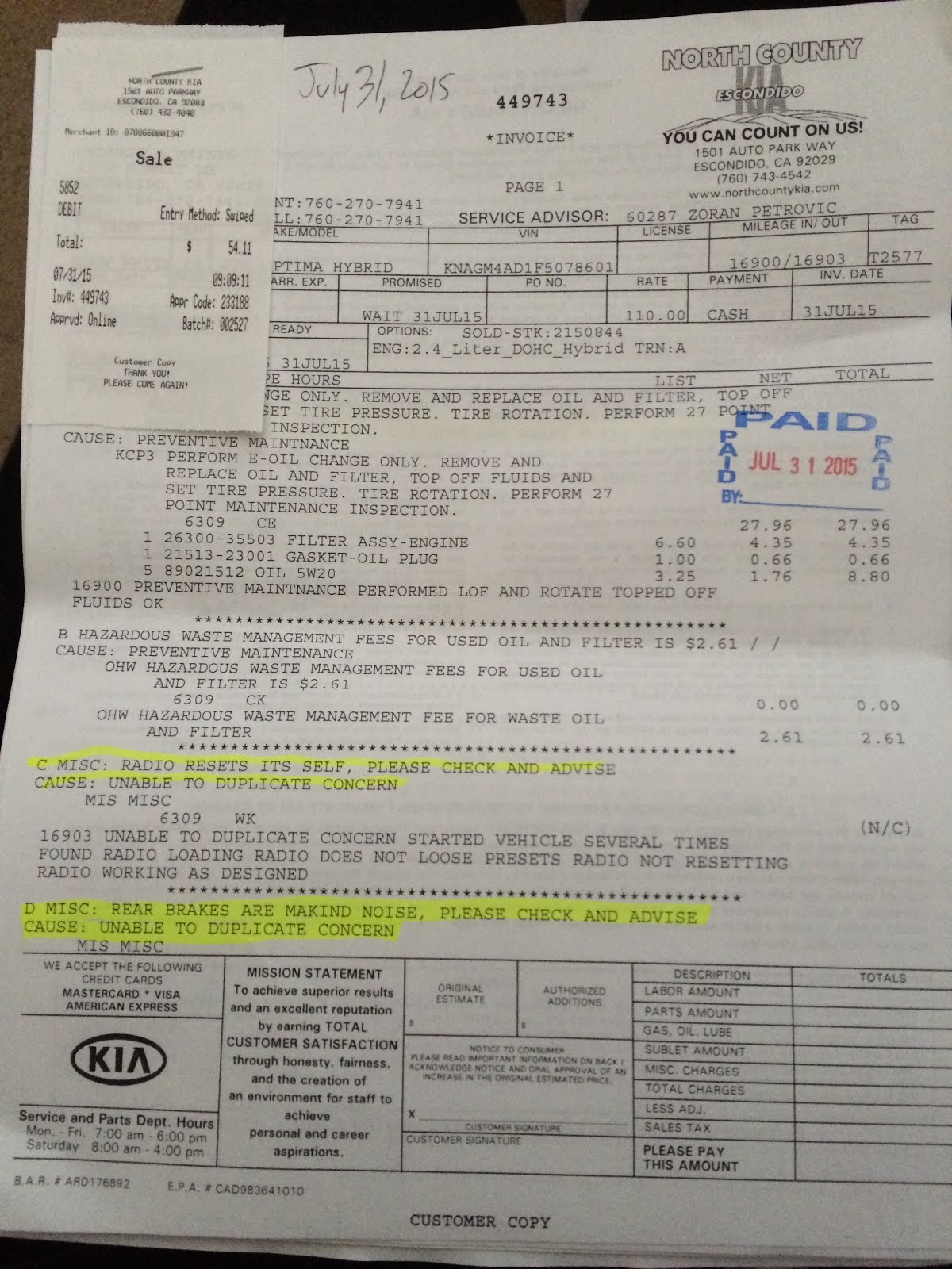 My terrible 2015 KIA Optima Hybrid story from North County KIA of