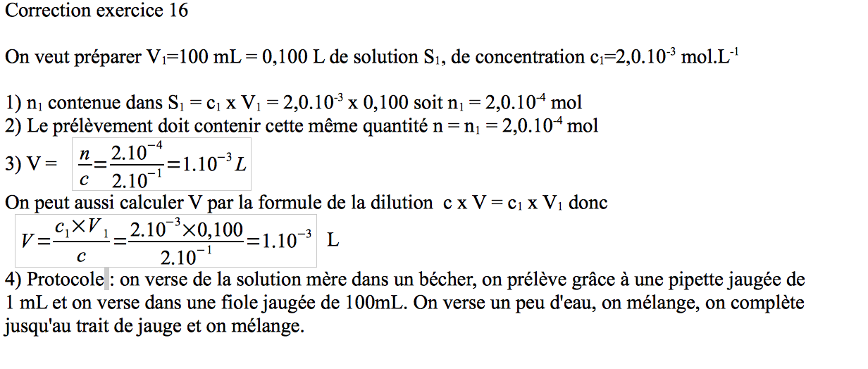 2D15 Physique et Chimie Correction exercice 16 (dilution)