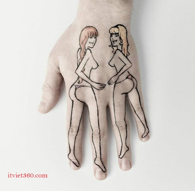 Hình ảnh hài hước 18+ Vui nhộn nhất - Picture funny 18+, nghệ thuật vẽ 2 phụ nữ trên bàn tay