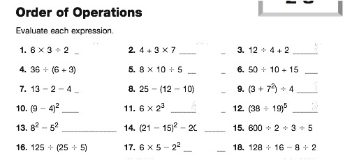 order of operations homework sheets