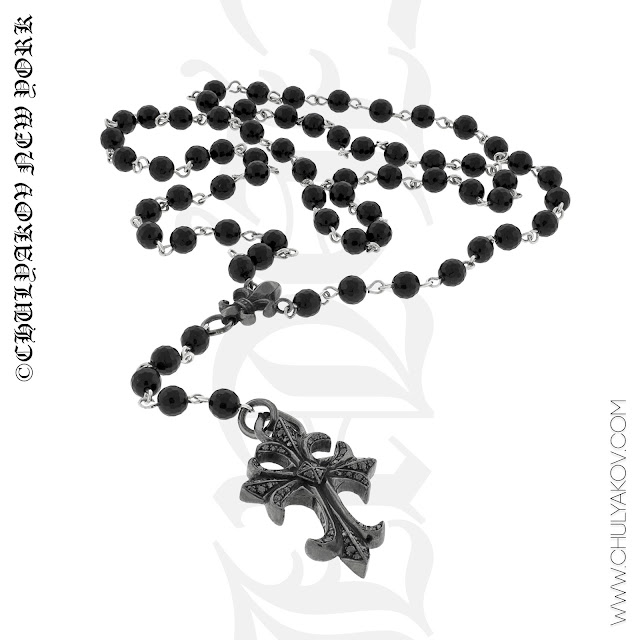 designer onyx rosary with black diamond cross