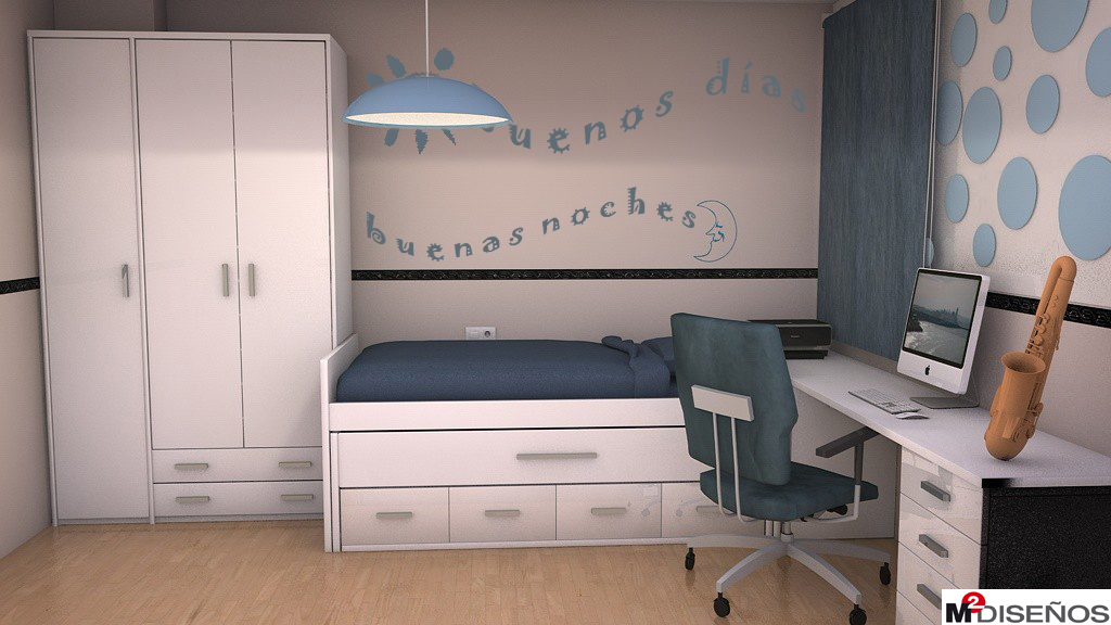 DORMITORIO JUVENIL BLANCO. CIRCULOS CELESTES DECORATIVOS. | M² DISEÑOS