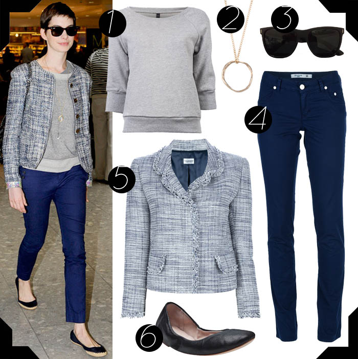 ANNE HATHAWAY, UMA GAROTA DE ESTILO_o estilo de Anne hathaway_tweet_sweatshirt_moletom chic_calça azul_sapatilha preta_colar dourado_óculos wayfare preto