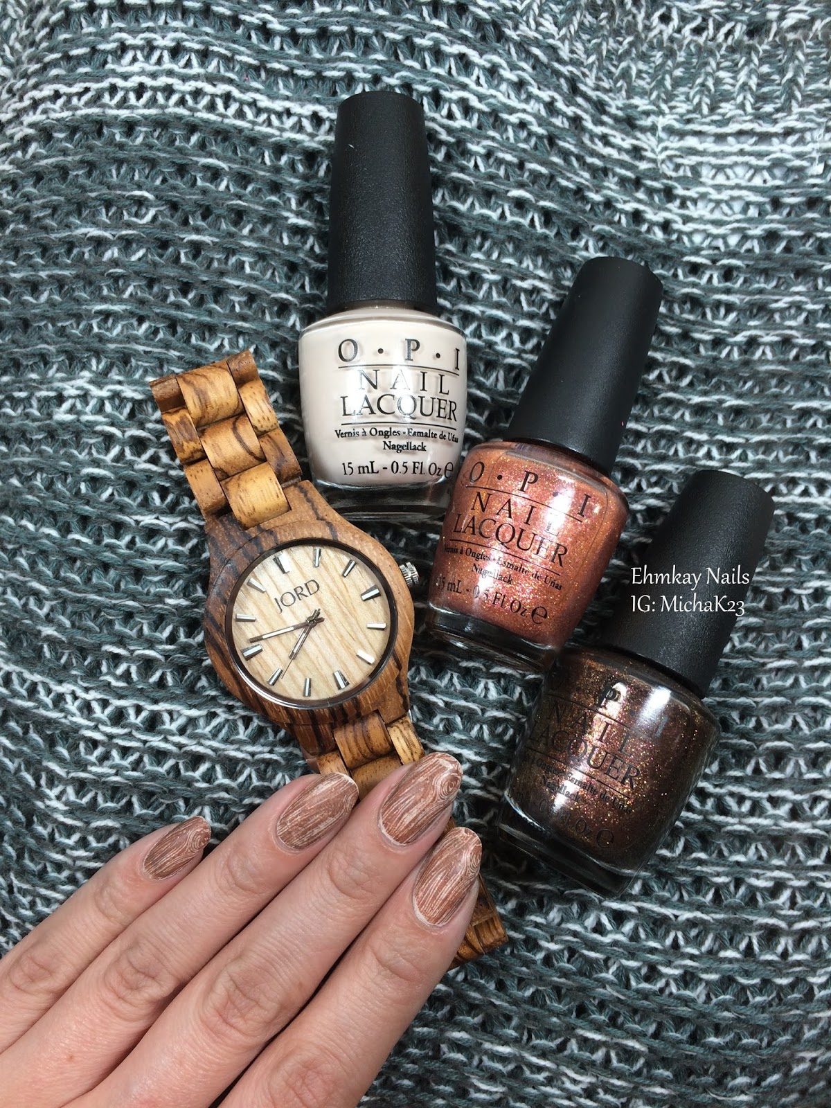ehmkay nails JORD Wood Watches with Wood Grain Stamping Nail Art
