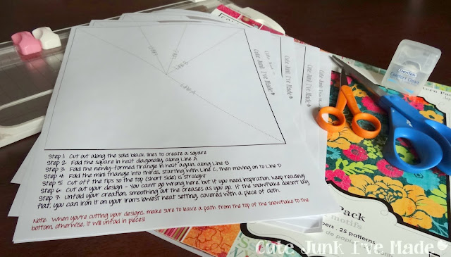 Paper Snowflake Curtain Tutorial - scissors, template, floss, scrapbook paper