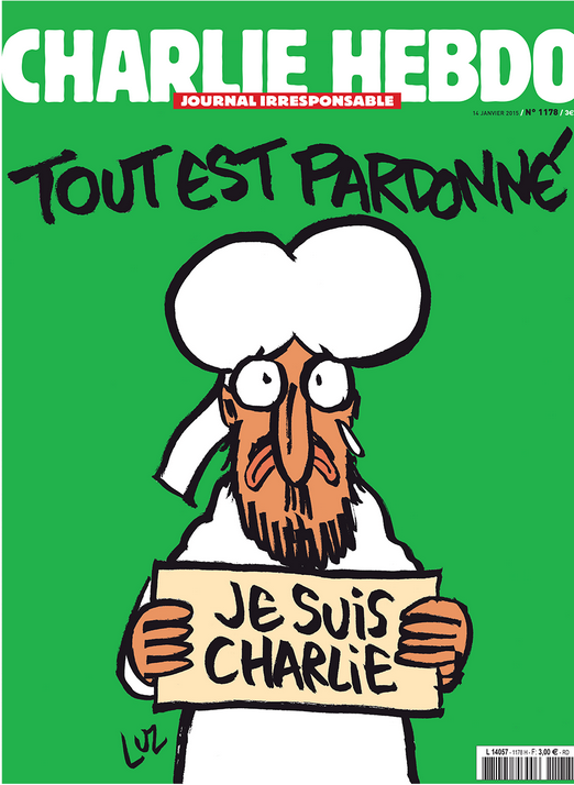 Charlie Hebdo cover, January 2016, featuring a crying man in Muslim garb who may be Mohammed. Translation: (text) "All is forgiven" (sign held by the man) "I am Charlie"